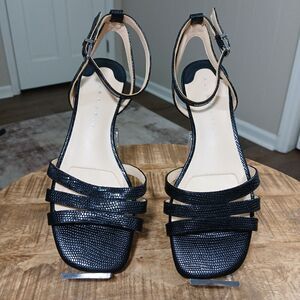 Alex Marie Women's Black Leather Strappy Sandals Ankle Strap Kitten Heel 7M